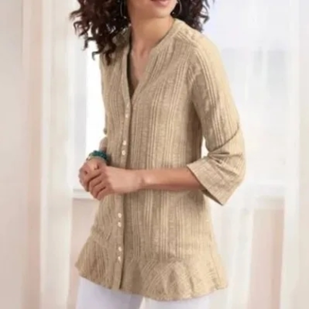Soft Surroundings Tan Textured Blouse With Ruffle Bottom 3x